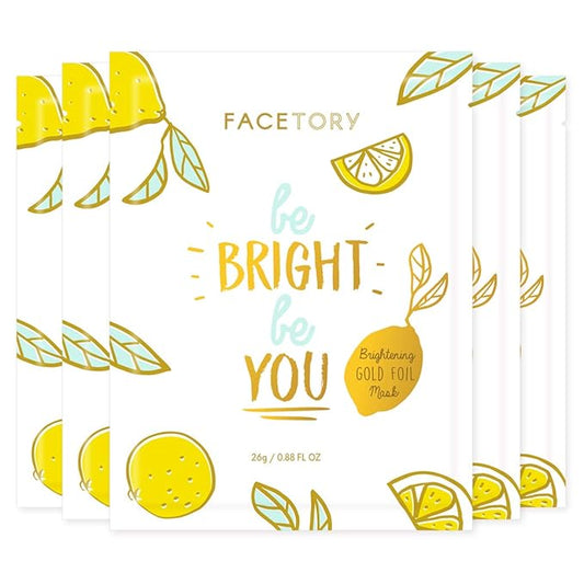 FACETORY K Beauty Face Mask Skin Care - BE BRIGHT BE YOU BRIGHTENING Sheet Mask with Gold Foil & Lemon Fruit | Glowing Gold Brightening Face Mask (5 Pack)