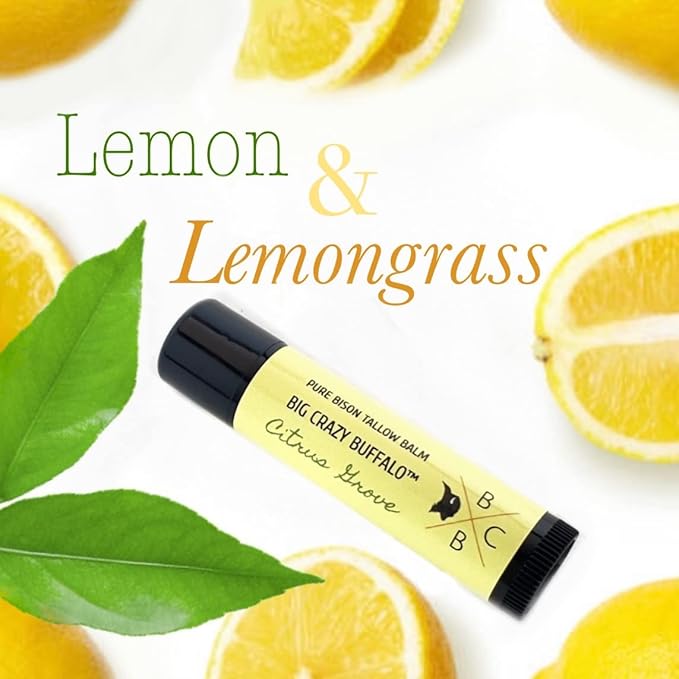 Pure Bison Tallow Lip Balm, Citrus Grove, (5 pack) - Lemongrass & Lemon, Moisturizing, Non-Habit Forming
