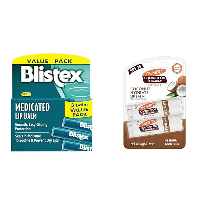 Blistex Medicated Lip Balm, 0.15 Ounce, 3 Count (Pack of 1) Prevent Dryness & Chapping & Palmer's Coconut Oil Formula Lip Balm Duo, All-Day Moisturization, Lip Balm Easter Basket Stuffers