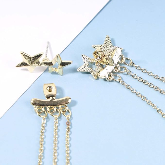 Boho Star Ear Jacket Earrings Gold Thin Bar Tassel Earrings Long Drop Chain Earrings Two Way Double Sided Earrings Jewelry for Women and Girls