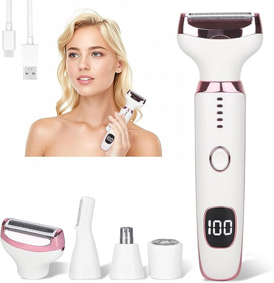 Electric Razor for Women Men,4 in 1 Painless Ladies Wet & Dry Body Razors and Facial Hair Remover,Rechargeable Led Display Hair Removal Kit for Nose Face Body Leg Bikini Arm Hair (White)