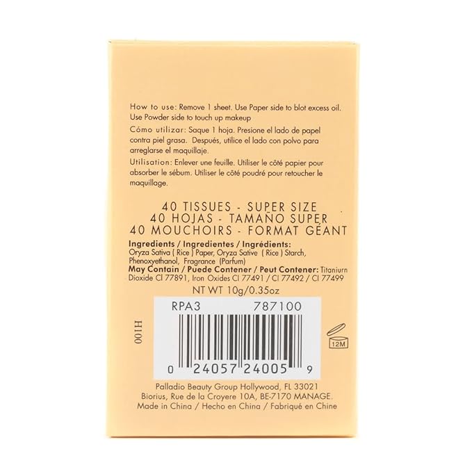 Palladio Rice Paper Facial Tissues for Oily Skin, Face Blotting Sheets Made from Natural Rice, Oil Absorbing Paper with Rice Powder, 2 Sided, Instant Results, Natural, 40 Count, Pack of 6