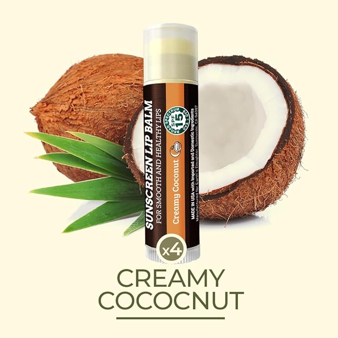 SPF Lip Balm 4-Pack by Earth's Daughter - Lip Sunscreen, SPF 15, Organic Ingredients, Coconut Flavor, Beeswax, Coconut Oil, Vitamin E - Hypoallergenic, Paraben Free, Gluten Free, New