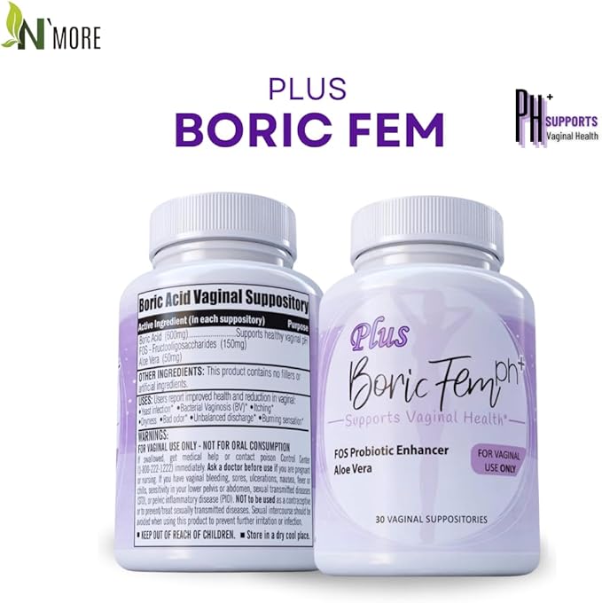 Boric Acid Vaginal Suppositories Plus Aloe Vera & FOS Probiotic Enhancer 800mg/, 30 Count All Natural Made in USA