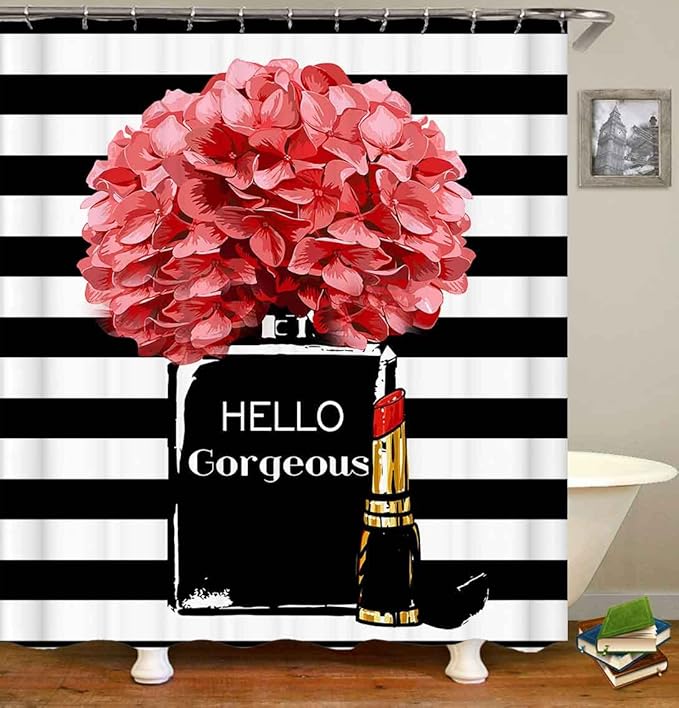4PCS Hello Gorgeous Shower Curtain Set Watercolor Red Floral Black and White Striped Perfume Lipstick Makeup Vintage Modern Fashion Women Bathroom Decor Non-Slip Bath Mat Toilet Rug, Hydrangea