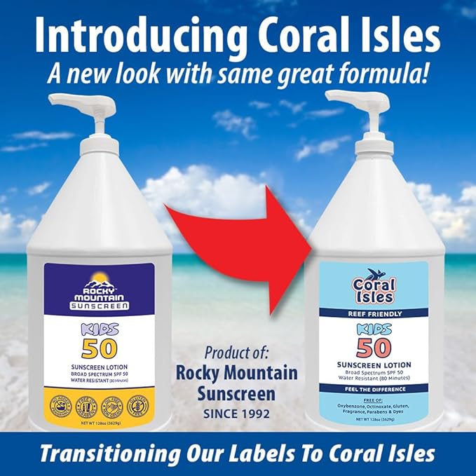 KIDS Rocky Mountain Sunscreen SPF 50 Gallon Sunscreen Lotion | Broad Spectrum UVA/UVB Protection | Hawaii 104 Reef Act Compliant (Oxybenzone & Octinoxate Free) | Water Resistant 80 Min. | (128 Fl Oz)