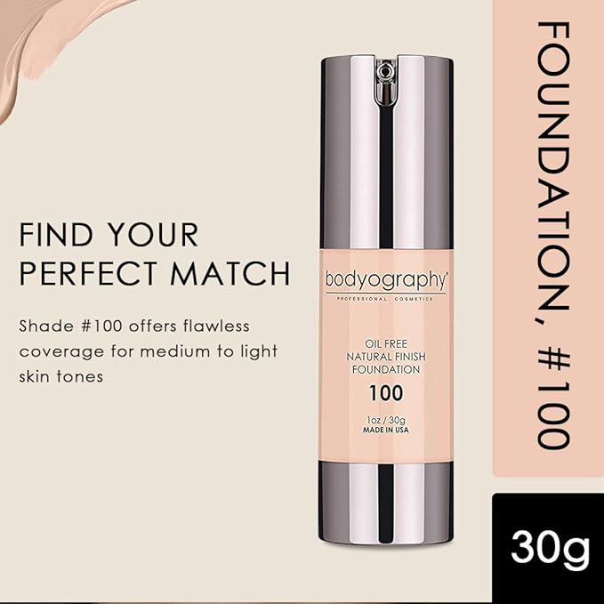 Bodyography Natural Finish Foundation Makeup (Light #100) Oil-Free Gluten-Free, Paraben-Free, 1 oz