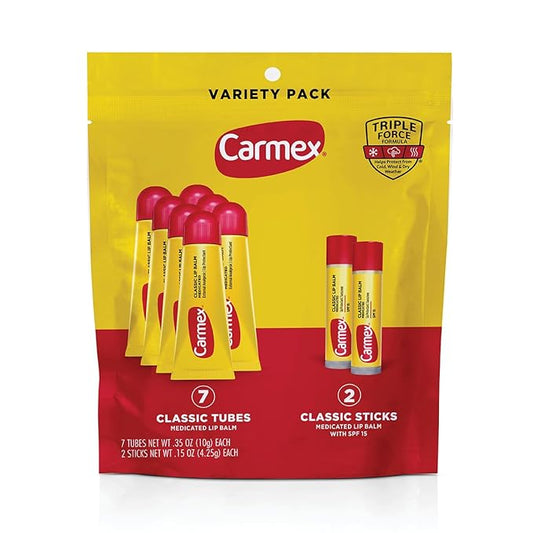 Carmex Classic Medicated Lip Balm Pack, Lip Moisturizer for Chapped Lips, 9-Count Variety Pack Bag (7 Tubes, 2 Sticks)