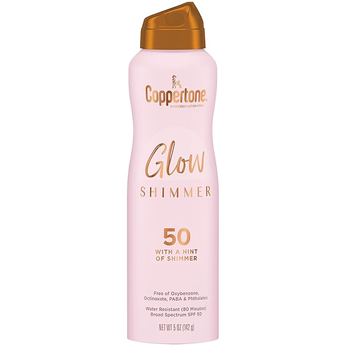 Coppertone Glow with Shimmer Sunscreen Spray SPF 50, Water Resistant Spray Sunscreen, Broad Spectrum SPF 50 Sunscreen Pack, 5 Oz Spray, Pack of 2