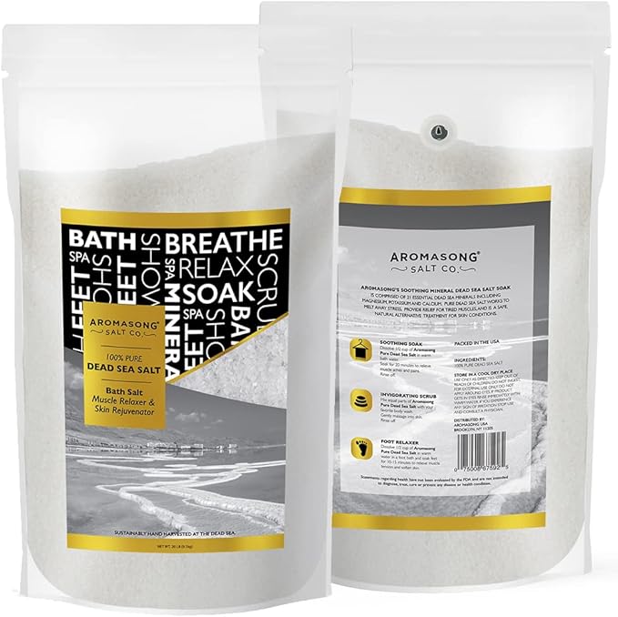 Aromasong Dead Sea Bath Salt - 100% Pure & Natural Dead Sea Salts for Soaking Fine Grain 5 LB - Bulk Resealable Pack (Packaging May Vary) Used for Body wash Scrub - Soak for Women & Men.