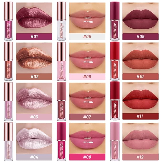 12Pcs Liquid Lipstick Makeup Set, Shades with 4Pcs Metallic Color Lipstick, 4Pcs Hydrating Lip Oil and 4Pcs Longwear Waterproof Matte Lipstick Gift Kit for Women (SET C)