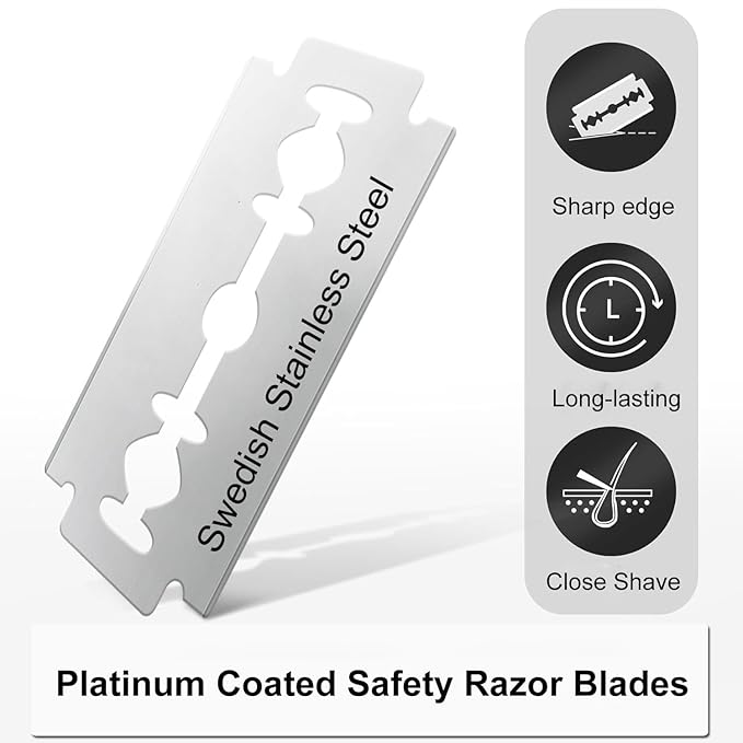 Black Safety Razor, Single Blade Razors for Men, with 10 Double Edge Blades, Long and Heavy Duty Stainless Steel Handle, Reusable Metal Eco-Friendly Razor, Plastic Free, Smooth Shave