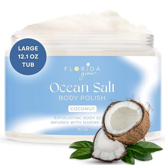 Sea Salt Body Scrub by Florida Suncare - Ocean Salt Body Polish Infused with Marine Algae - Exfoliating Face and Body Scrub - Facial Scrub Exfoliator to Tackle Acne and Scars (Coconut, 12.1 oz)