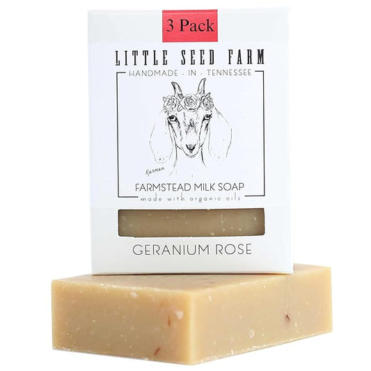 Little Seed Farm Organic Goat’s Milk Soap – 3 Pack of Geranium Rose Facial and Body Bars – Natural, Handmade, Cruelty Free – Uplifting and Balancing for Oily, Dry and Combination Skin, Net Wt. 4.75oz