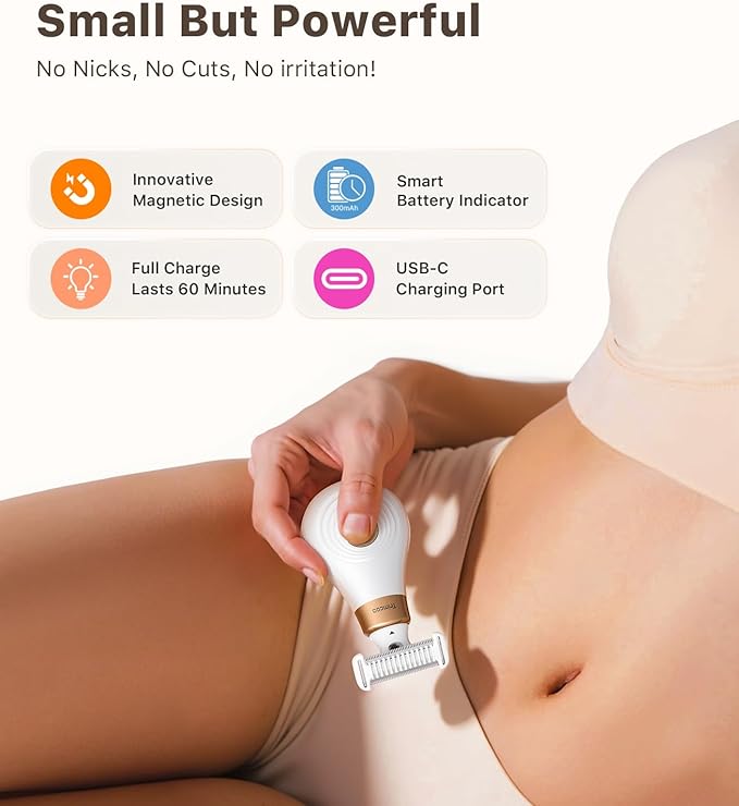 Mini Bikini Trimmer for Women - Intimate Pubic Hair Removal, Electric Body Groomer, Small Portable Wet/Dry Shaver, Magnetic Blade, USB-C Rechargeable with Travel Case, Easy to Clean (White)