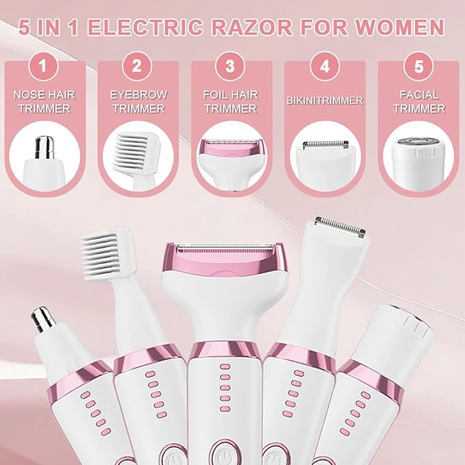 5-in-1 Electric Razor for Women - Bikini Trimmer with LED Display, Painless Hair Removal for Face, Nose, Eyebrows, Arms & Legs - Wet/Dry Rechargeable Shaver for Armpits & Pubic Area