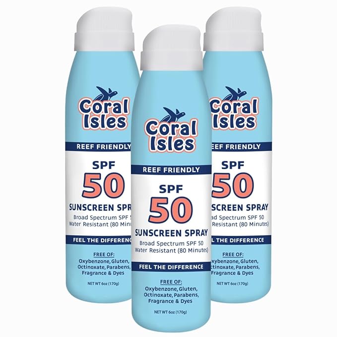 Reef Safe Sunscreen Spray SPF 50 - Broad Spectrum UVA/UVB Protection - Octinoxate & Oxybenzone Free - Hawaii Compliant - Non-Greasy, Fragrance Free - Water Resistant - 6 Fl Oz 3 pack