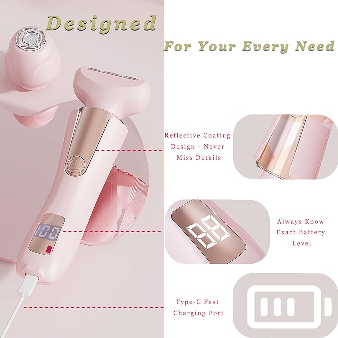 Bikini Trimmer for Women 3 in 1 Body Shaver | No Nick Replaceable Dual Heads | Rechargeable Electric Razors for Pubic Hair with LCD Display | Women's Bikini Area, Face, Legs & Underarms Trimmer