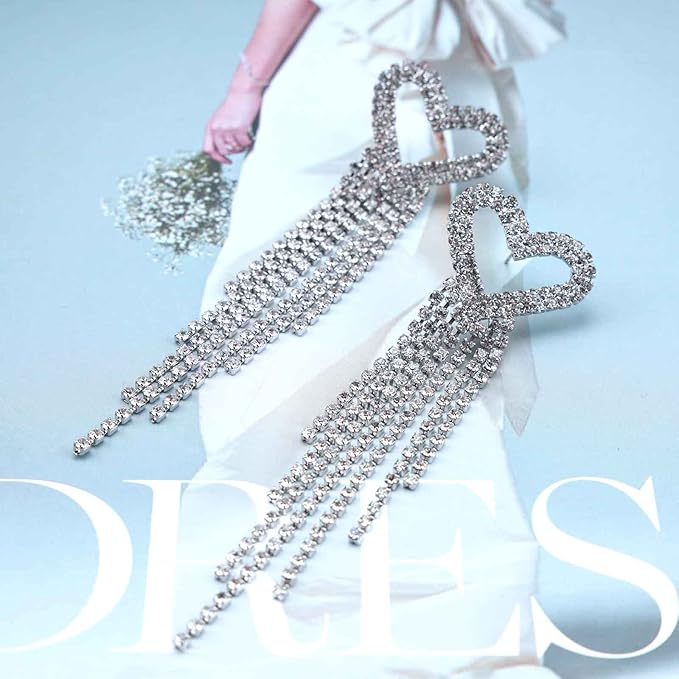 Boho Rhinestone Heart Tassel Earrings Long Tassel Chain Dangle Earrings Silver Crystal Cz Love Heart Studs Earrings Long Chandelier Dangle Earrings Wedding Cz Fringe Chain Earrings Jewelry for Women and Girls