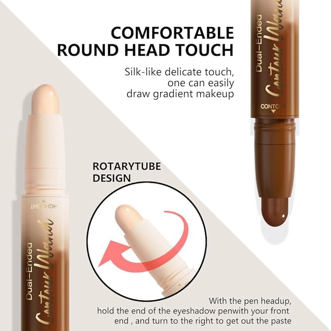 Dual-Ended 2-in-1 Cream Contour & Highlighter Stick – Waterproof, Long-Lasting for Face & Body Makeup, Suitable for All Skin Tones, 02#Nude + Light Beige