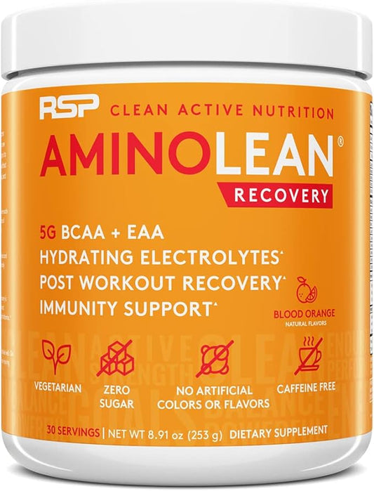 AminoLean Hydrating Electrolyte Powder and Recovery Drink with Sea Minerals, Nootropic Mushrooms, and Vegan Amino Acids, BCAAs + EAAs for Post Workout Muscle Building, Blood Orange