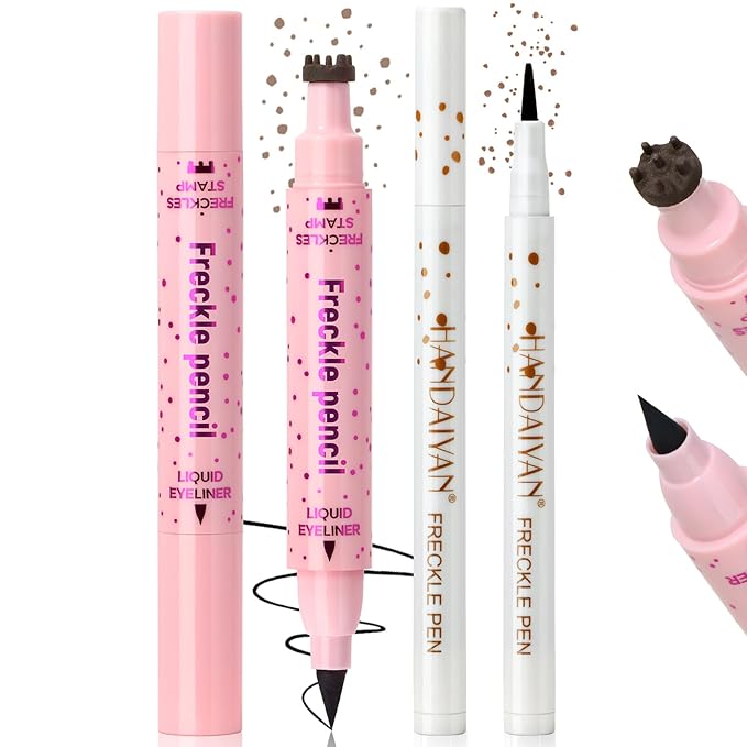 2pcs Freckle Stamp Pen with Eyeliner for Natural Lifelike Faux Freckle 2 in 1 Fake Freckles Stain Marker Pen for Waterproof Long Wear Sunkiss Makeup #Light Brown&Black