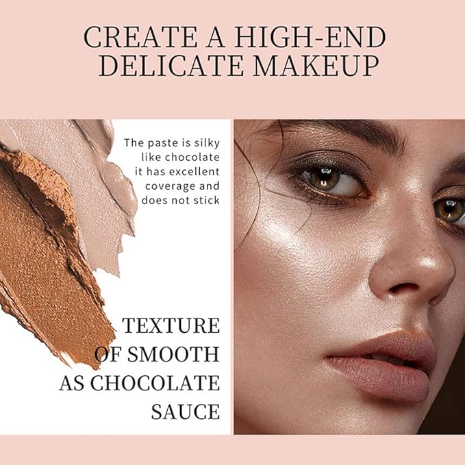 Pro Cream Highlight and Contour Palette Kit with Mirror & Brush for Women. White Silver Gold Highlight Brown Face Correcting Concealer Palette