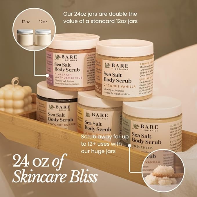 Bare Botanics Matcha Eucalyptus Body Scrub 24 oz - Naturally Scented Sea Salt Scrub Made in Madison, WI - Formulated w/Skin Loving Moisturizers - Vegan, Cruelty Free Exfoliator w/a Cute Wooden Spoon