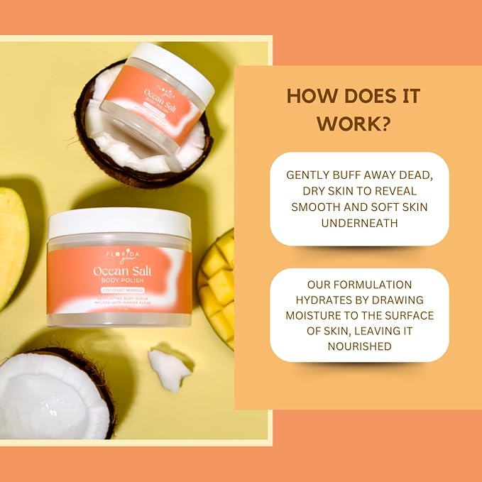 Sea Salt Body Scrub by Florida Suncare - Ocean Salt Body Polish Infused with Marine Algae - Exfoliating Face and Body Scrub - Facial Scrub Exfoliator to Tackle Acne and Scars (Coconut Mango, 3.3 oz)