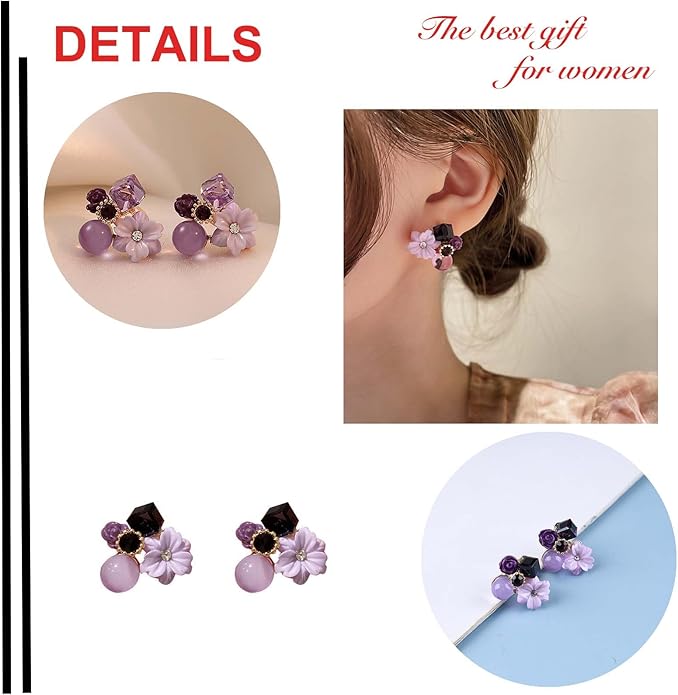 Boho Amethyst Flower Drop Earrings Vintage Purple Rhinestones Flora Petal Earrings Statement Purple Rose Studs Wedding Prom Geometric Crystal Flower Earrings Jewelry for Women