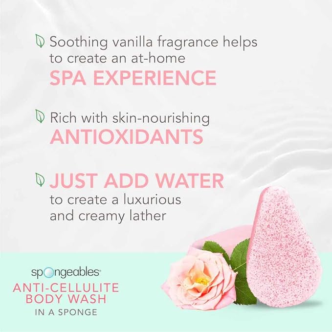Spongeables Anti Cellulite Body Wash in a 20+ Wash Sponge, English Rose, 3 Count