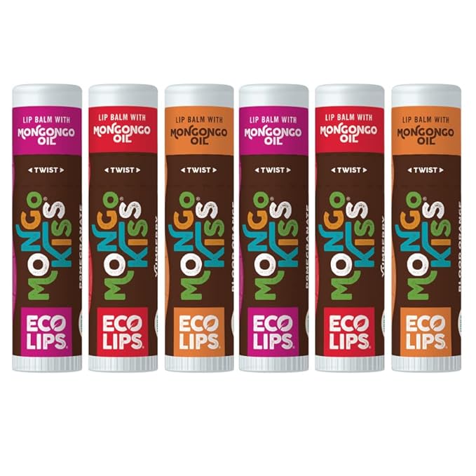 Mongo Kiss Organic Lip Balm 6-Pack by Eco Lips 100% Organic Beeswax & Cocoa Butter Lip Care with Mongongo Oil - Soothe & Moisturize Dry & Cracked Lips - Made in USA. (Pomegranate, Yumberry, Blood Oran