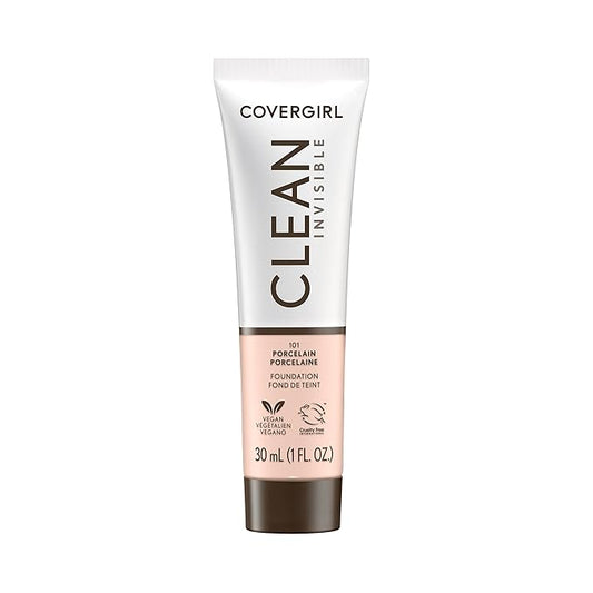 COVERGIRL Clean Invisible Foundation Makeup, Dewy & Glowy Natural Finish, Buildable Coverage, Skin-Like Smooth Look, Vegan, Porcelain, 1oz