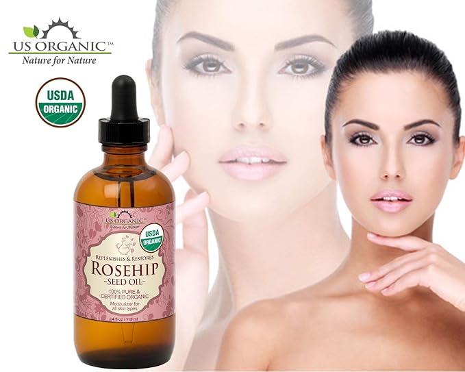 US Organic Rosehip Seed Oil, USDA Certified Organic, Cold Pressed, Virgin Organic, Amber Glass Bottle and Glass Eyedropper for Easy Application - 4 oz (115 ml)