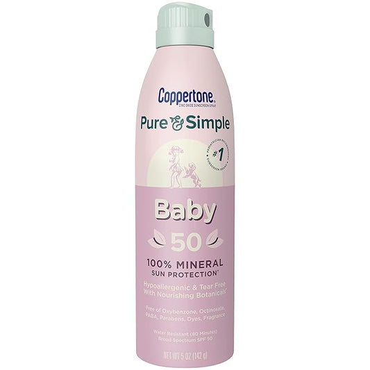 Coppertone Pure and Simple Baby Sunscreen Spray SPF 50, Zinc Oxide Mineral for Babies, Toddler, Water Resistant, Broad Spectrum, 5 Oz