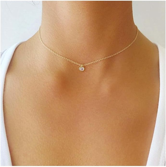 Boho Tiny Crystal Choker Gold Clear Quartz Pendant Necklace Minimal Dot CZ Choker Necklace Simple Everyday Necklace Wedding Necklace Jewelry for Women and Girls Gifts