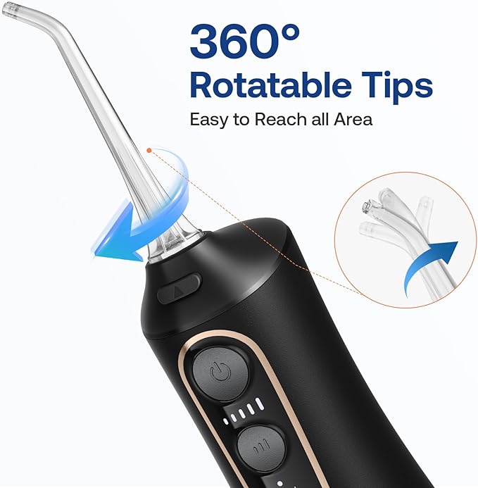 Bitvae Water Dental Flosser Pick for Teeth, Rechargeable Cordless Water Flosser, 3 Modes 5 intensities, 300ML Portable IPX7 Waterproof, 40 Days Powerful Battery Life for Home Travel, Black-Gold