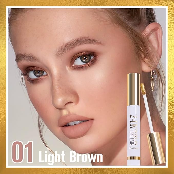2025 New 24K Gold Liquid Lip Gloss Peel Off Lip Stain Tattoo with Tweezer, Light Brown Lips Stain Peel Off Masque, Long Lasting Waterproof Lip Tint Stain, Transfer-proof for All Skin Types 01#