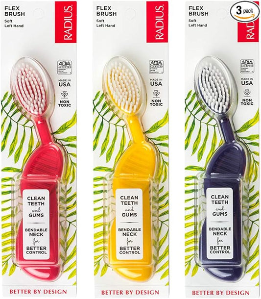 RADIUS Flex Brush with Soft Bristles Toothbrush BPA Free & ADA Accepted Designed to Improve Gum Health & Reduce Issues - Left Hand - Purple/Watermelon/White - Pack of 3