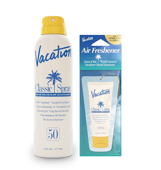 Vacation Classic Spray Sunscreen SPF 50 + Air Freshener Bundle, Broad Spectrum Sunscreen Spray, Vegan Sunblock Spray, Body Spray with SPF, Spray Sunscreen SPF 50, 6 fl. Oz.