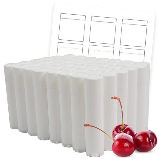 Nature's Bees - DIY Bulk Lip Balm Kit, Natural Cherry Flavor - 48 Blank Lip Balm Tubes w/ 60 Labels - Easy to Use - Customizable Templates - Beeswax, Cocoa Butter, Coconut Oil, Aloe - .15 oz (4.2g)