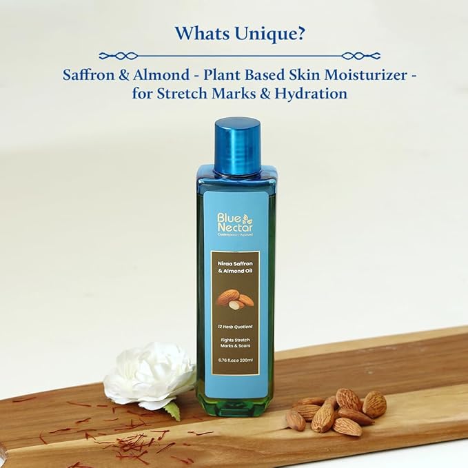 Blue Nectar Saffron & Almond Oil, Ayurveda Product for Crepey Skin | Skin Firming Body Oil for Stretch Marks (12 Herbs, 6.76 Fl Oz)