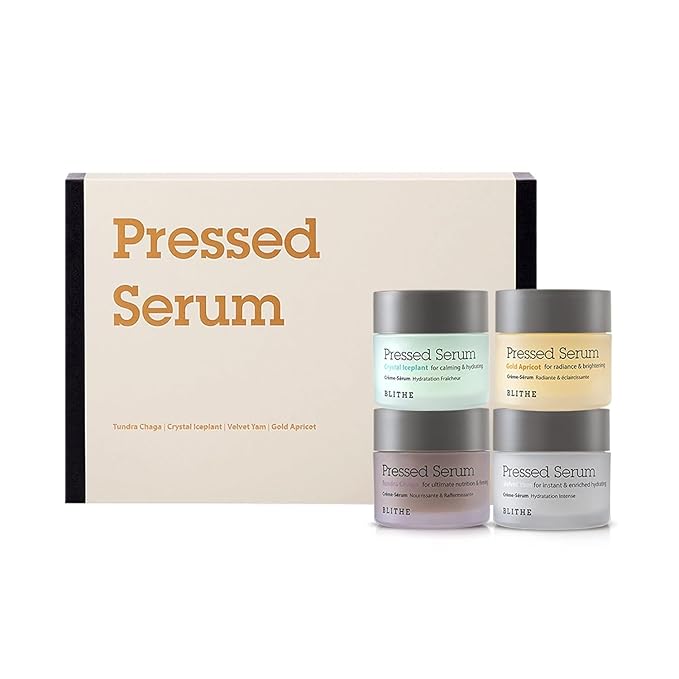Blithe Pressed Serum Deluxe Collection Face Moisturizer - Hypoallergenic Facial Creams with Ingredients of Chaga Iceplant Yam & Apricot - Korean Beauty for All Seasons (Box Set 4pcs of 0.74 Fl Oz)