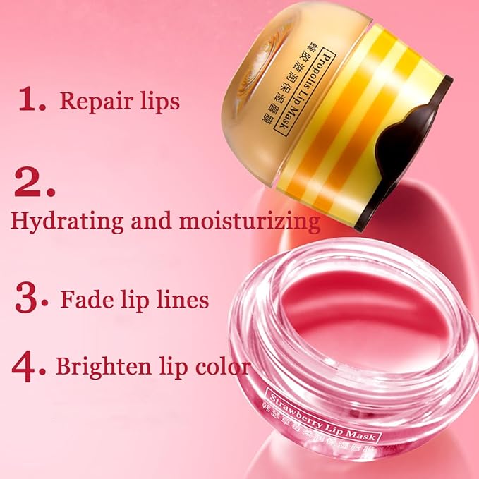 2 Pcs Bee Lip Balm Honey Pot,Honey & Strawberry Lip Mask Propolis Moisturizing Lip Balm with Stick,Prevention Dry and Cracked Lip Scrubs,Exfoliator Lip Wrinkle Skin Care Products