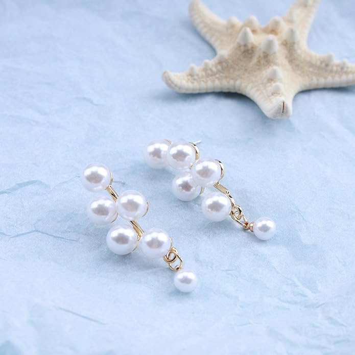 Boho Pearl Drop Earrings Long Pearl Tassel Earrings Gold Cluster Pearl Stud Earrings Bridal Pearl Earrings Wedding Earrings Jewelry for Women