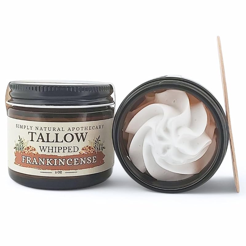 Beef Tallow for Skin Care, Face, Hands - Natural Moisturizer - Whipped - Organic Grass-Fed Beef Fat - Vitamins A, D, E, K - Dry Skin, Baby Diaper Cream - Hydrating - Handmade - Frankincense - 2 oz Jar
