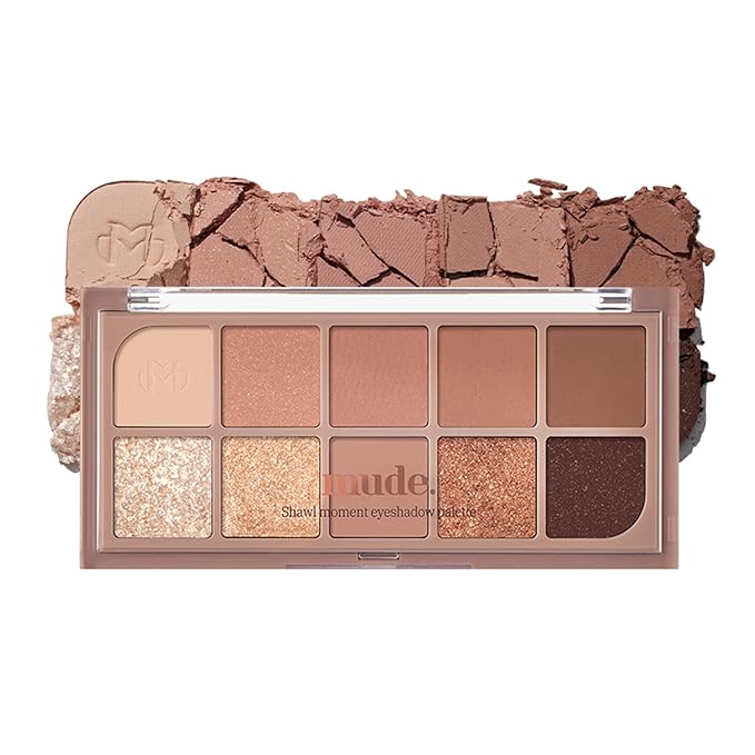 mude Shawl Moment Eyeshadow Palette Matte Shimmering Glitter Layering 10 Shades Highly Pigmented Blendable Color with Soft Texture Korean Makeup Eye Palette K-beauty