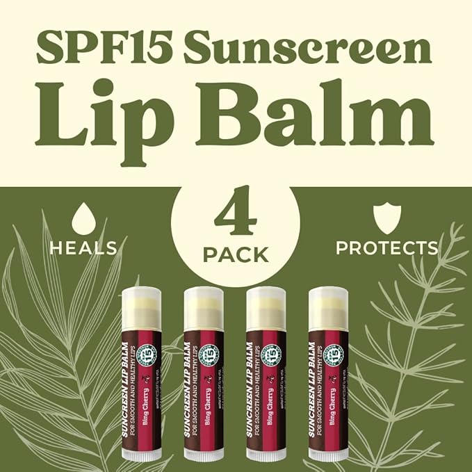 SPF Lip Balm 4-Pack by Earth's Daughter - Lip Sunscreen, SPF 15, Organic Ingredients, Cherry Flavor, Beeswax, Coconut Oil, Vitamin E - Hypoallergenic, Paraben Free, Gluten Free