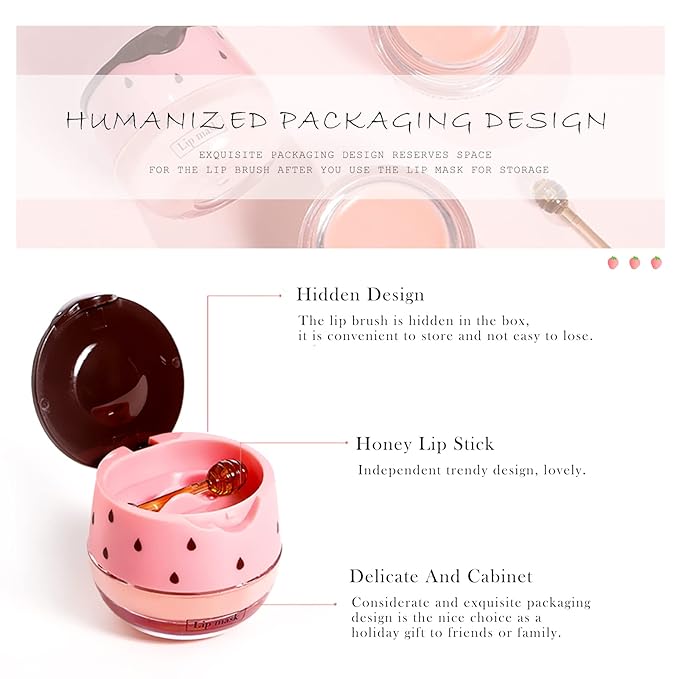 Strawberry Sleeping Lip Mask,Honey Balm Strawberry Lip Balm Honey Pot,Overnight Strawberry Lip Mask for Lip Care Product Moisturize Lip Skin,Plumping Lip and Hydrate Lips 1PC