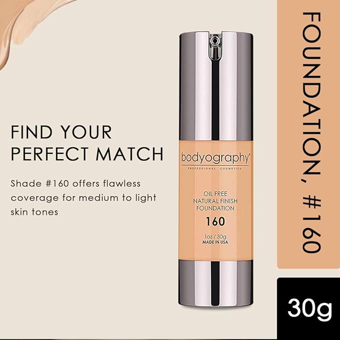 Bodyography Natural Finish Foundation Makeup (Medium #160) Oil-Free Gluten-Free, Paraben-Free, 1 oz